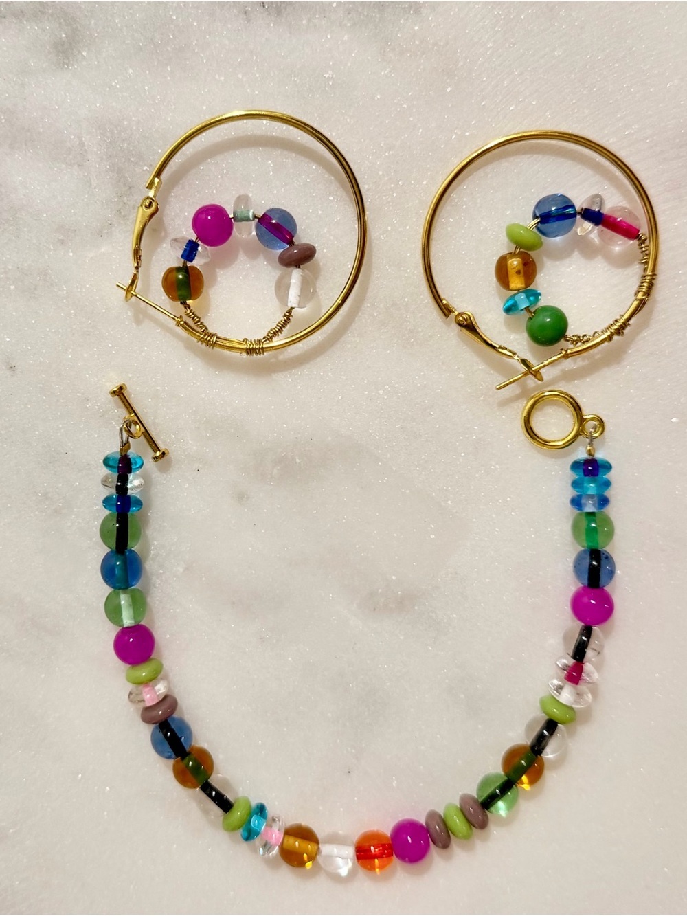 Handmade Multicolor Beaded Bracelet & Hoop Earring Set